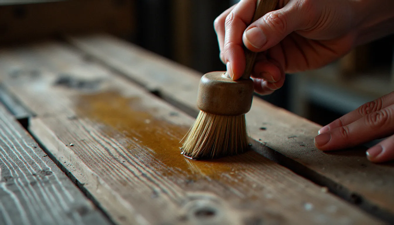 Application de cire de finition à la brosse sur une planche de bois traitée avec la recette bois cassé, mettant en valeur les veines profondes