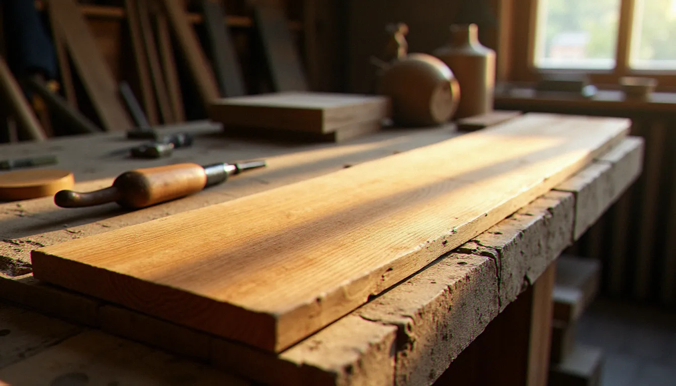 Planche de chêne brossée présentant l'effet bois cassé avec veines profondes sur un établi d'atelier artisanal