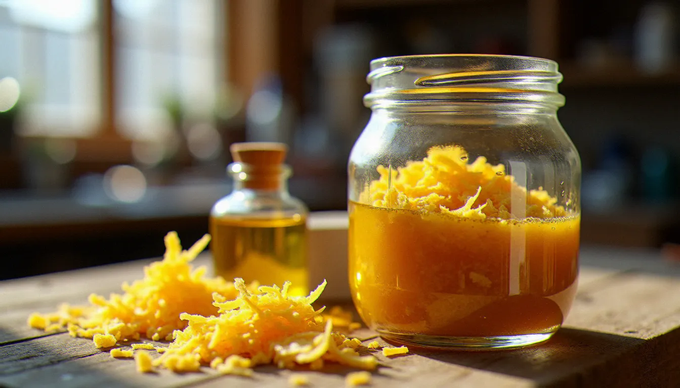 Ingrédients de la recette bois Gibert — huile de lin cuite, cire d'abeille en copeaux et essence de térébenthine posés sur un établi d'artisan