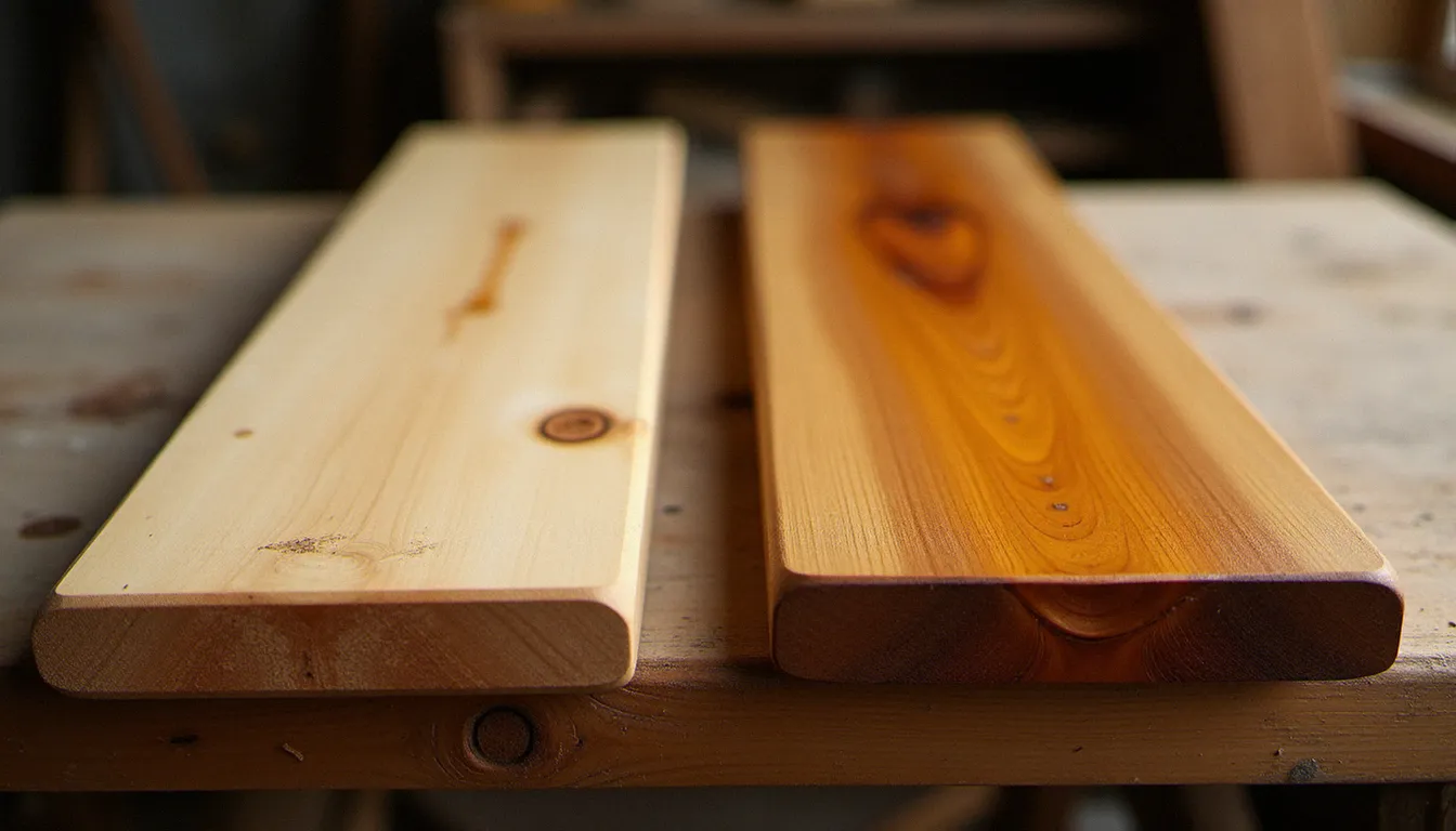 Comparaison entre un bois de pin brut non traité et un bois traité avec la recette bois Gibert, montrant la différence de pénétration et de rendu satiné