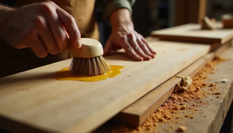 Application de la recette bois Gibert à base d'huile de lin sur des planches de chêne brut dans un atelier de menuiserie artisanale