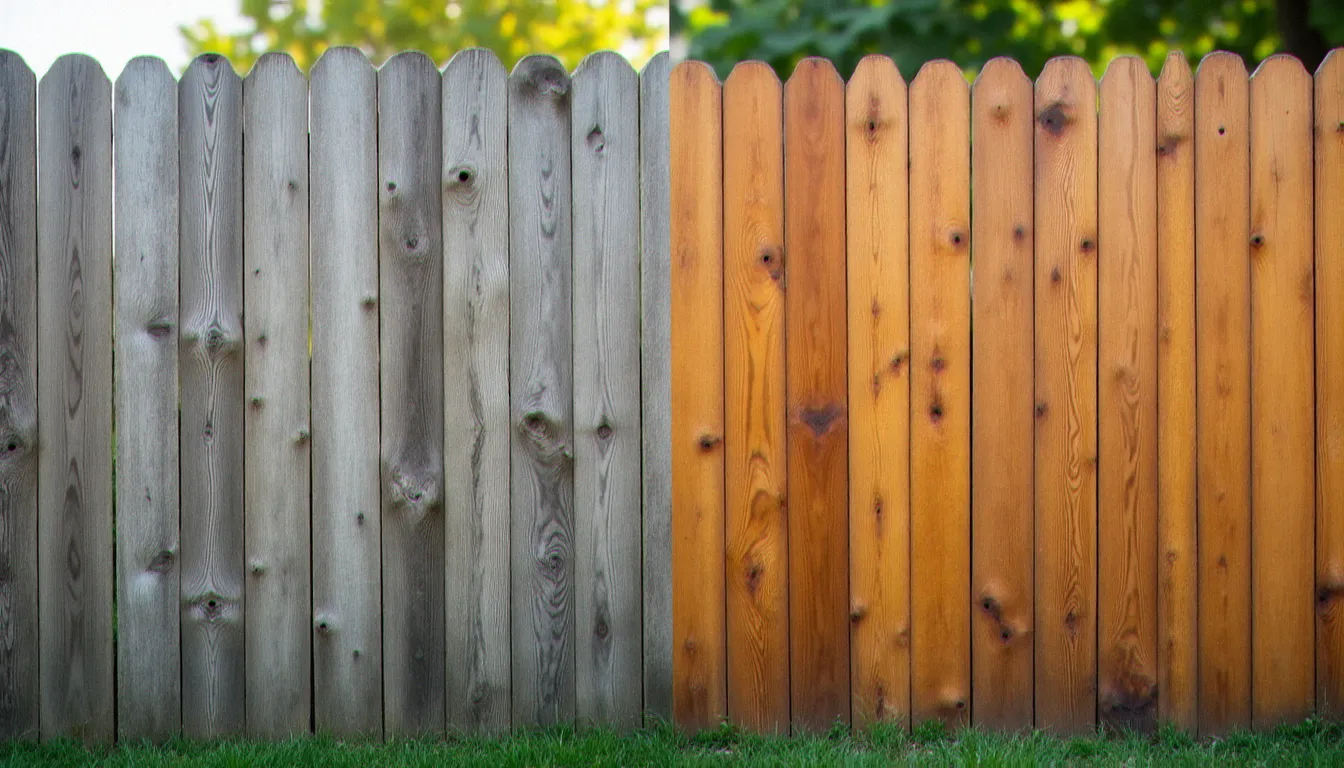 Comparaison d'une clôture bois non traitée grisée et fissurée versus une clôture protégée au saturateur bois avec une teinte chaude et homogène