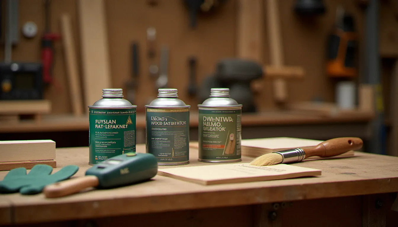 Matériel nécessaire pour appliquer un saturateur bois : produit, pinceaux, papier de verre, gants et humidimètre posés sur un établi d'artisan