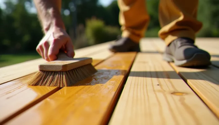 Artisan appliquant un saturateur bois sur une terrasse en pin, illustration du traitement saturateur bois