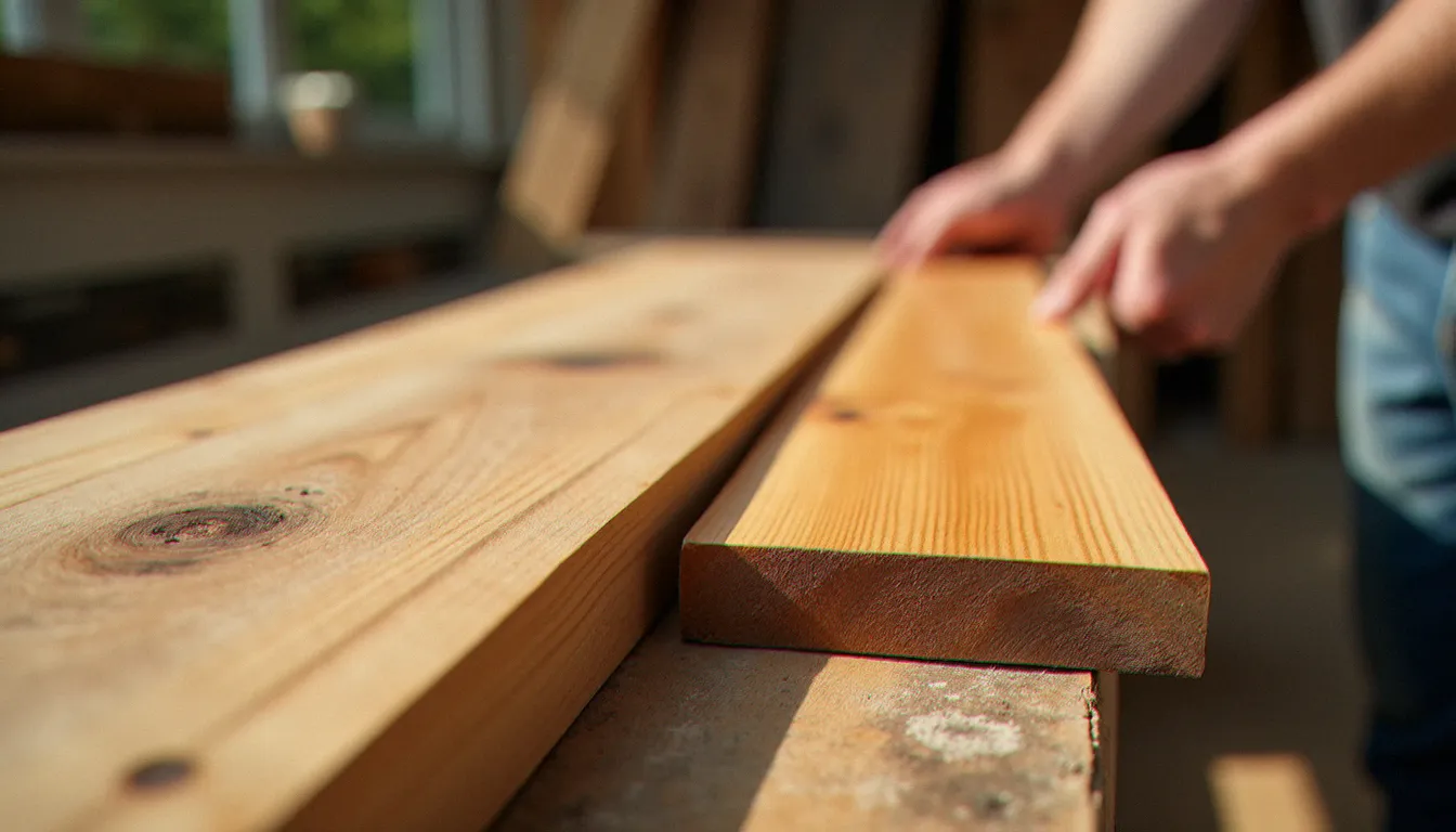 Comparaison de trois essences de bois pour terrasse : ipé sombre, robinier doré et pin traité vert, posées côte à côte dans un atelier de menuiserie
