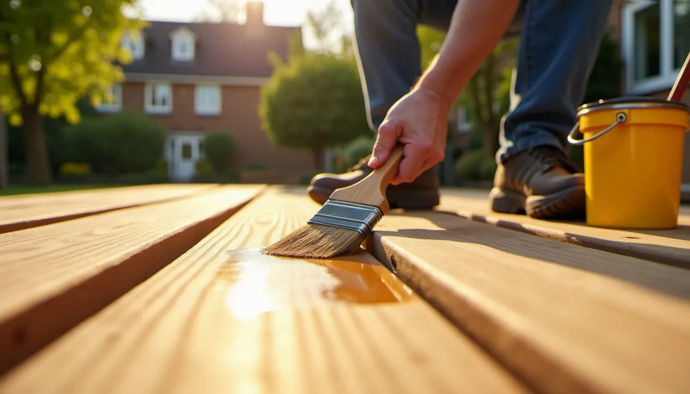 Artisan appliquant une huile protectrice sur les lames d'une terrasse bois neuve au printemps, étape essentielle d'entretien selon ce guide terrasse bois