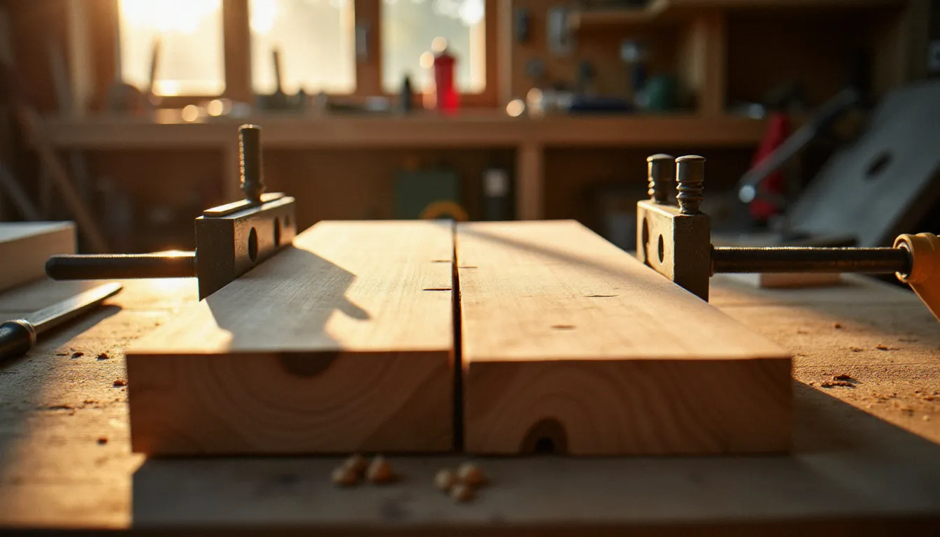 Deux planches de bois serrées avec des serre-joints après assemblage par tourillons, excédent de colle visible sur le joint, lumière d'atelier en fin de journée