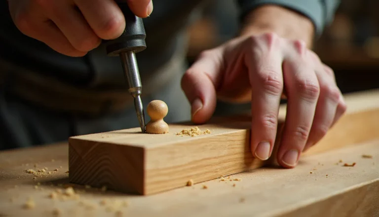 Artisan insérant un tourillon bois dans un trou percé sur une planche de chêne en atelier, technique d'assemblage au tourillon bois illustrée en gros plan