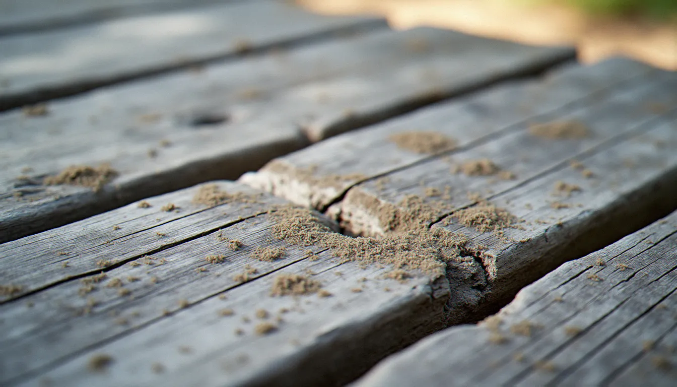 Planches de bois vieillies et non traitées montrant des fissures, du grisaillement et des traces de champignons en surface