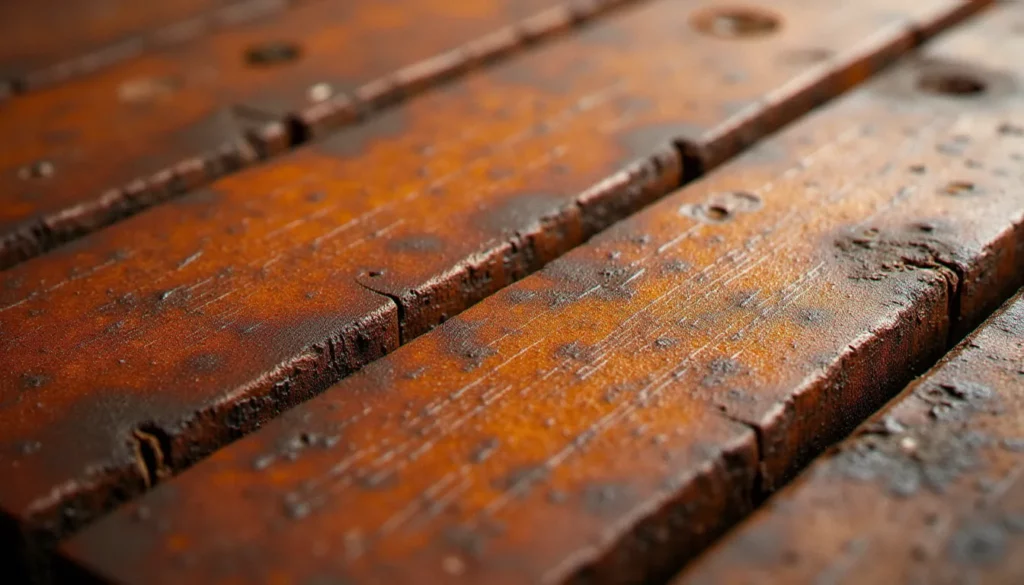 bois effet rouille featured Planche en bois avec une finition bois effet rouille aux tons orange chauds et bruns profonds, grain du bois visible sous la patine oxydée