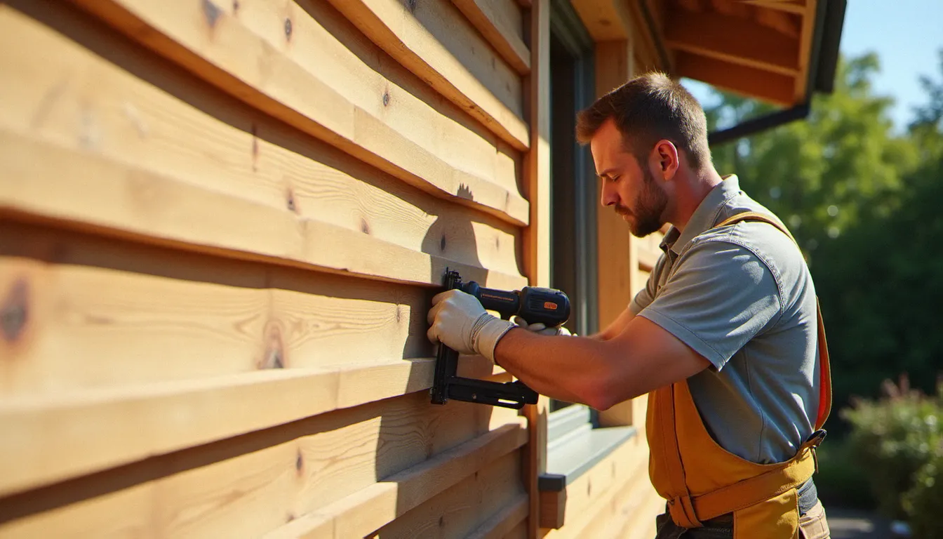 Artisan posant un bardage bois horizontal avec lame d'air ventilée sur la façade d'une maison, démonstration des différents types de pose