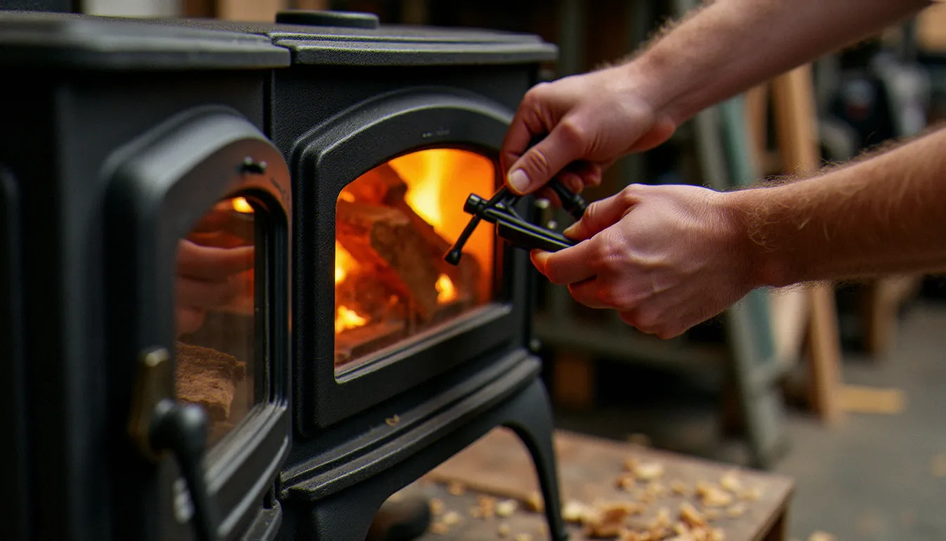 Réglage de l'entrée d'air d'un insert bois efficace en fonte, détail technique du mécanisme de contrôle de combustion
