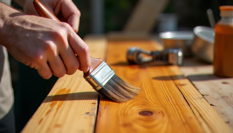 Application de lasure bois sur un bardage extérieur en pin, le grain du bois absorbant le produit de protection, geste artisanal au pinceau plat