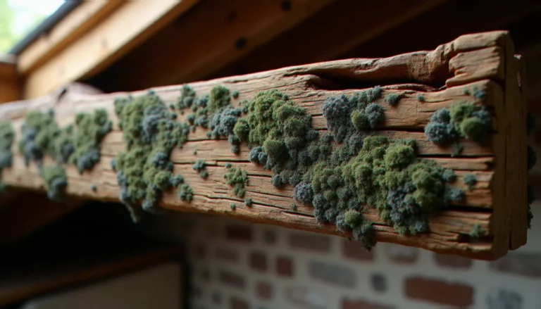 Poutre en bois de charpente ancienne couverte de moisissure noire et verte, illustrant le danger de la moisissure bois dans une maison