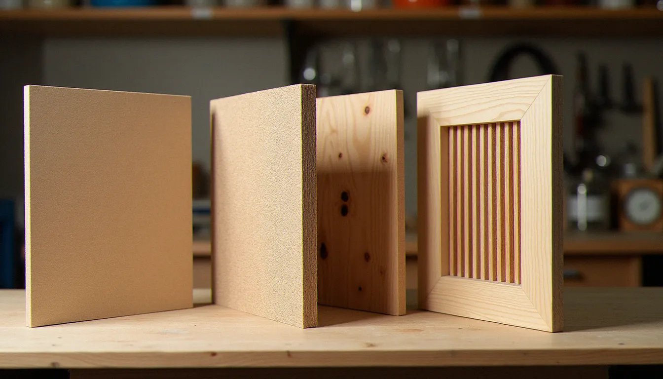 Comparaison de trois types de panneaux acoustiques bois sur un établi d'atelier : MDF perforé, panneau rainuré et cadre en tasseaux de pin