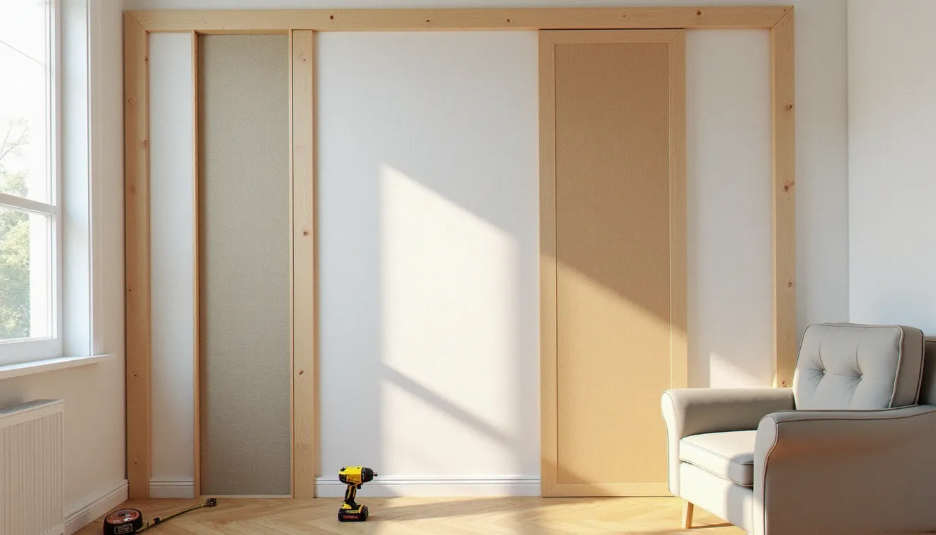 Installation étape par étape d'un panneau acoustique bois dans un bureau à domicile, avec ossature bois, laine de roche et panneau perforé en cours de fixation