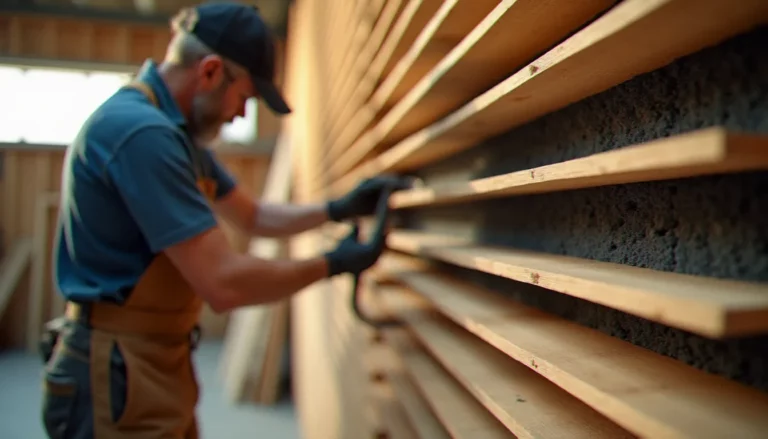 Pose d'un panneau acoustique bois en tasseaux de chêne sur un mur intérieur, révélant la laine de roche acoustique en arrière-plan