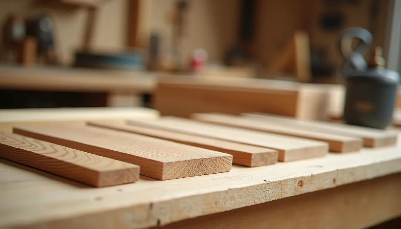Échantillons de différentes essences de bois naturel clair sur établi d'atelier