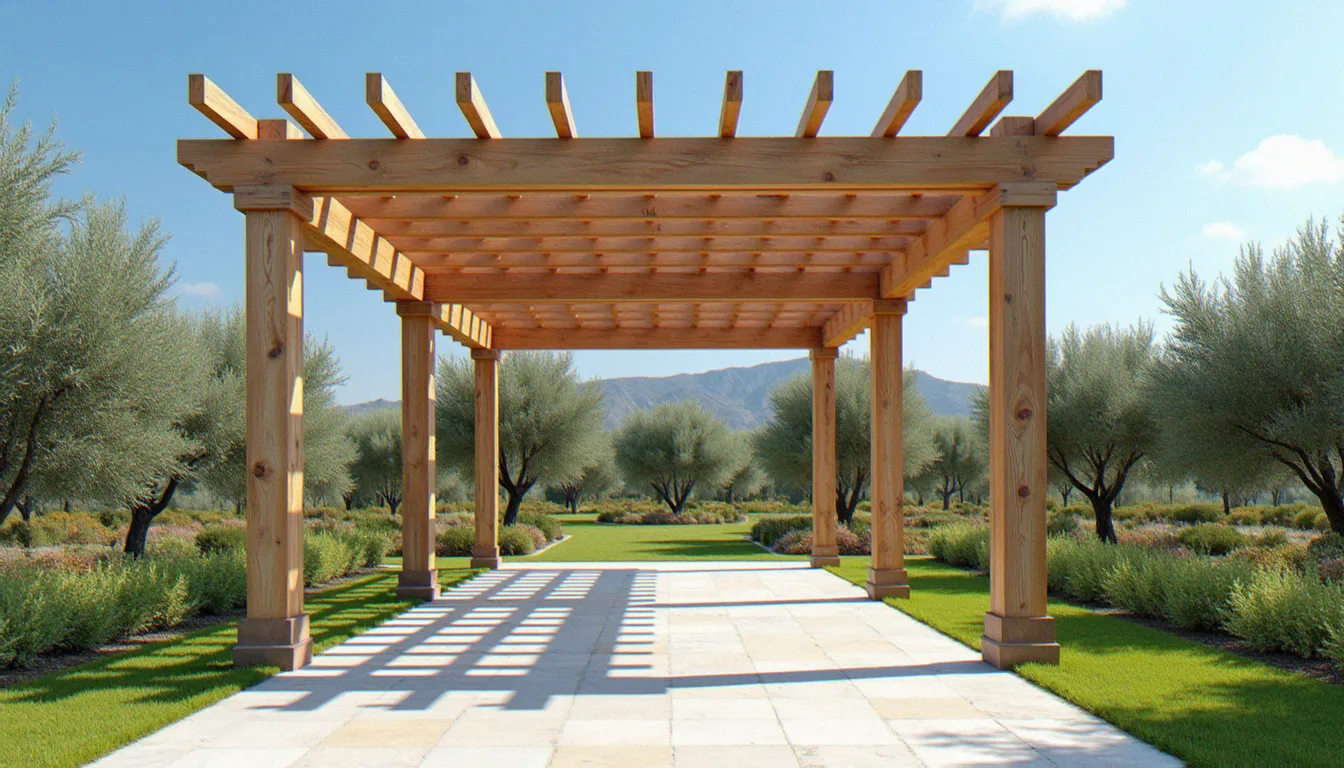 Pergola en bois naturel couleur montrant l'évolution vers le grisaillement en extérieur