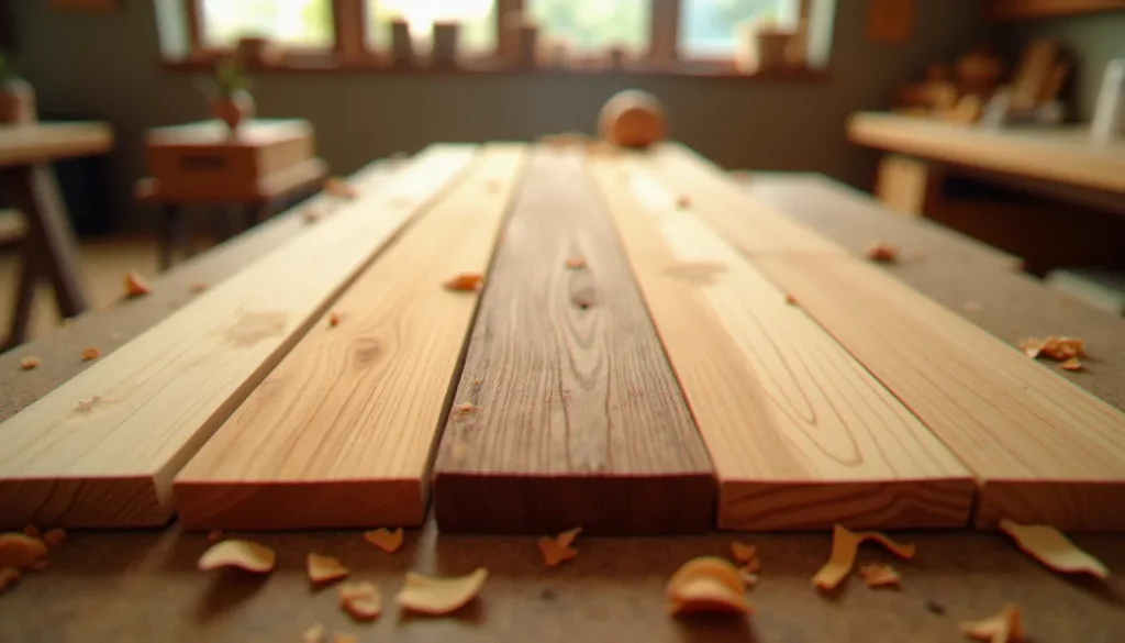 Différentes teintes de bois naturel couleur présentées côte à côte sur une table d'atelier