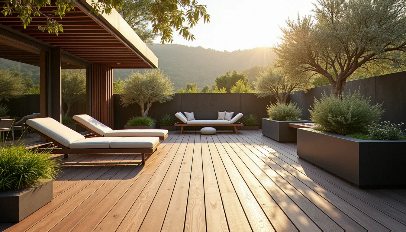 Terrasse en bois sans entretien dans un jardin méditerranéen