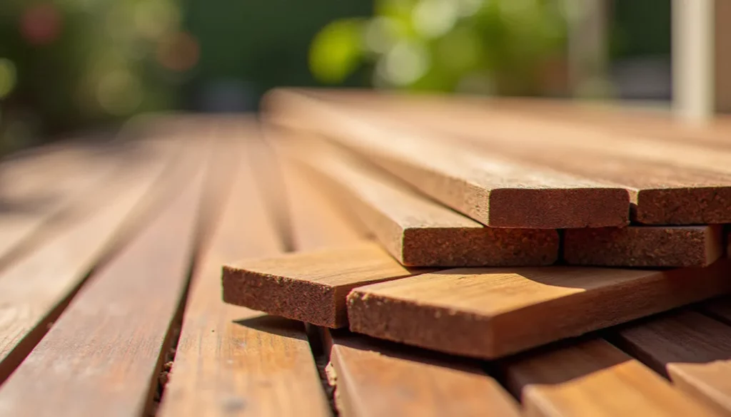 Planches de bois sans entretien empilées, montrant la qualité et le grain du bois
