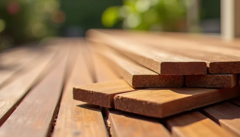 Planches de bois sans entretien empilées, montrant la qualité et le grain du bois