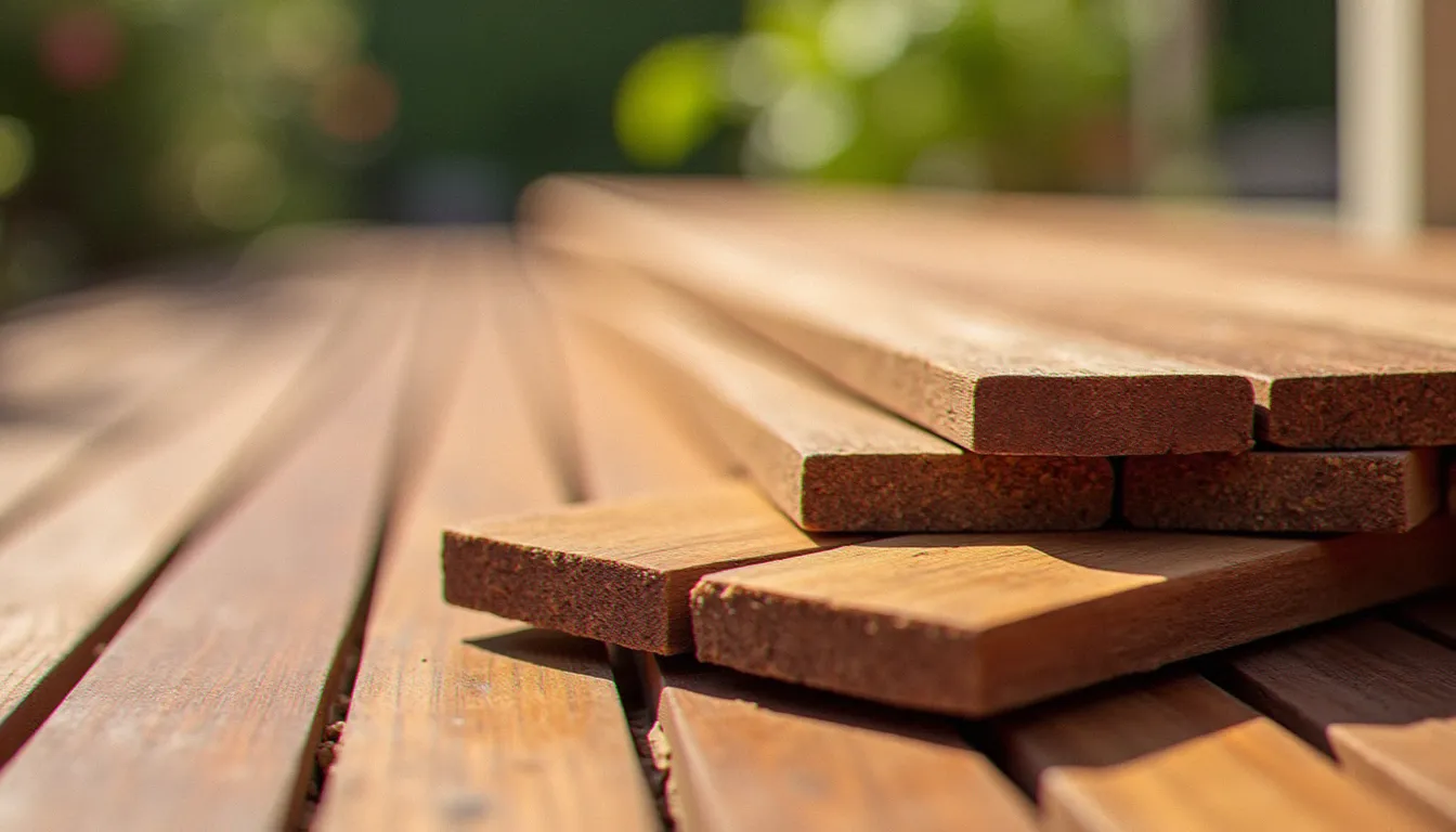 Planches de bois sans entretien empilées, montrant la qualité et le grain du bois