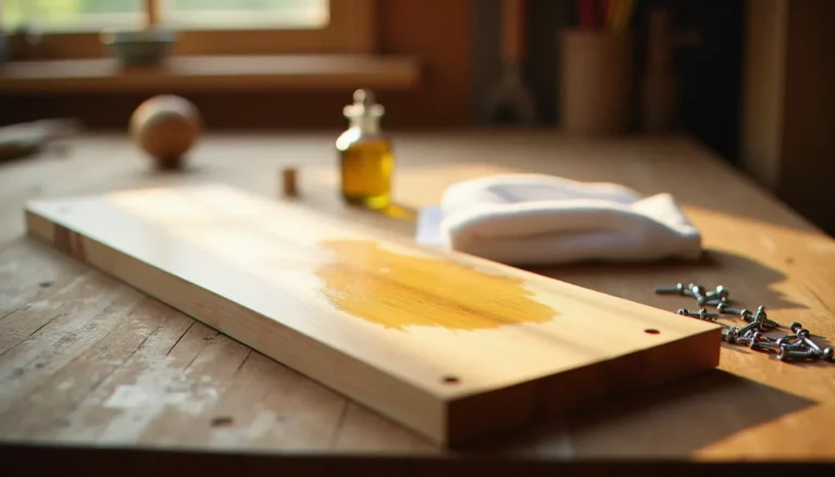 Planche de pin et planche de chêne côte à côte sur un établi d'atelier, avec un linge humide marquant le tanin du chêne, illustrant la différence entre bois sans tanin et bois tannique