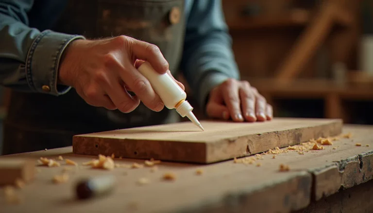 Application d'une colle bois efficace sur la tranche d'une planche en chêne dans un atelier de menuiserie
