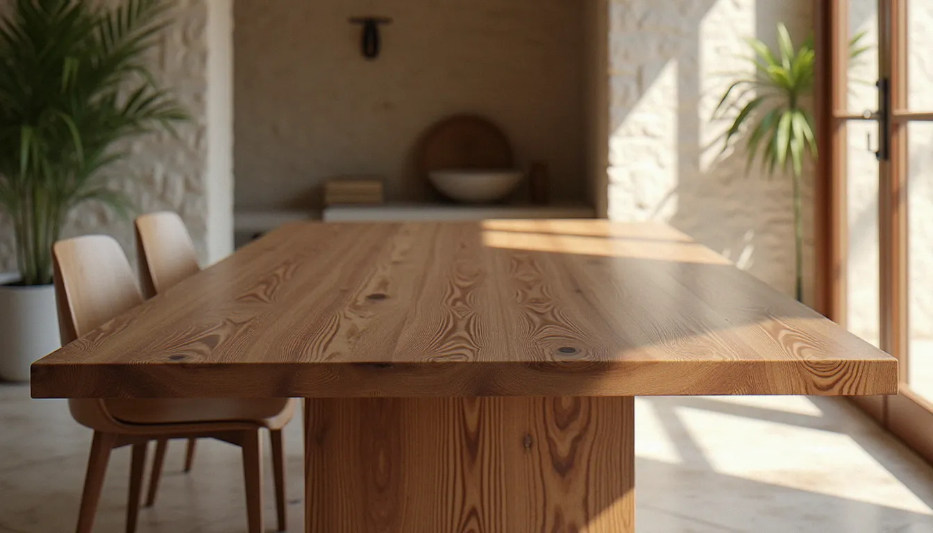 Table de salle à manger en bois foncé de type bété dans un intérieur lumineux de maison de village
