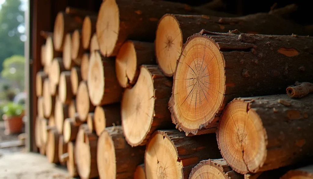 Bûches de bois de chauffe empilées et prêtes à l'emploi
