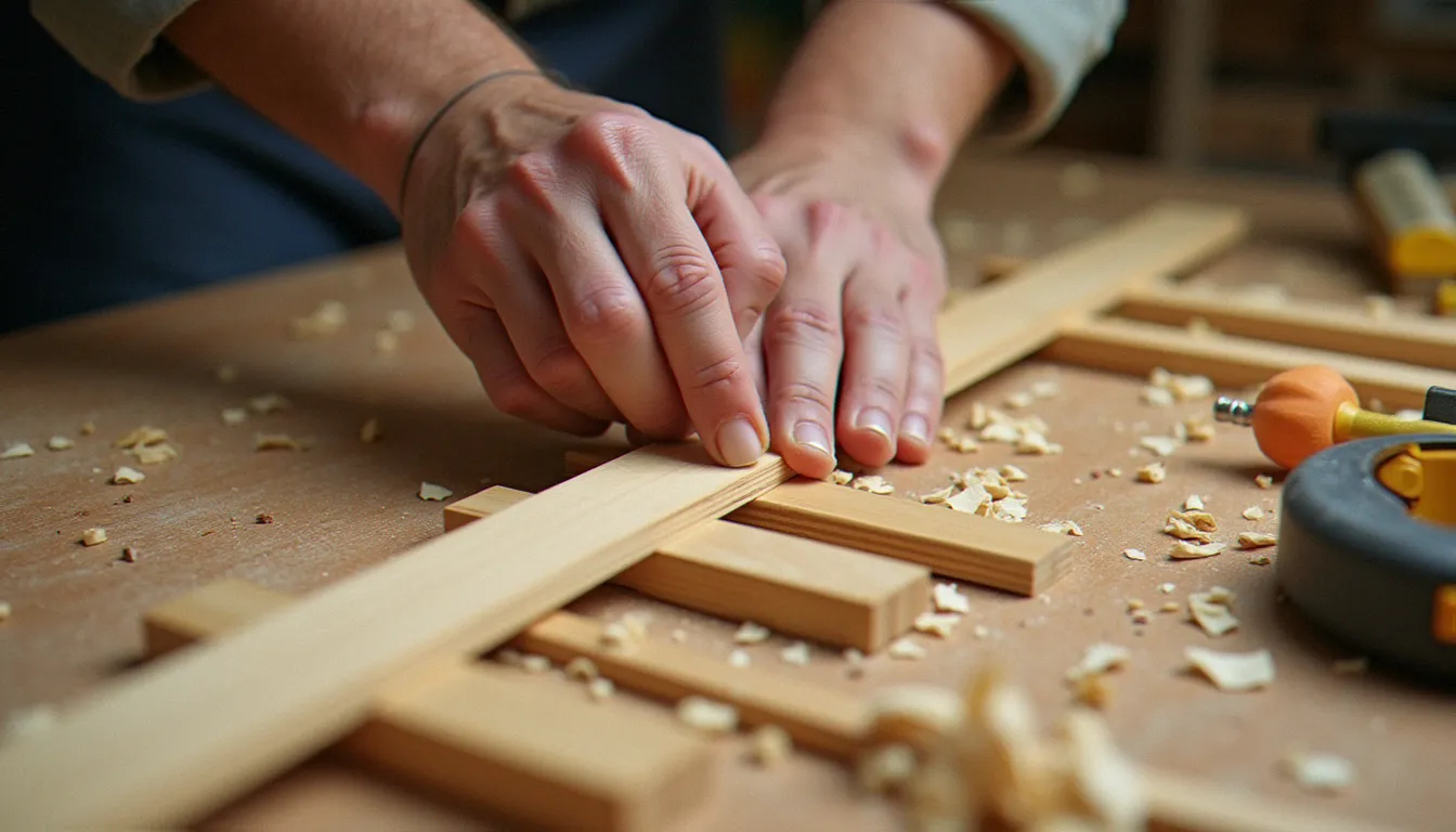 Artisan plaçant une cale d'espacement entre deux lames de bois pour réaliser une clair voie bois