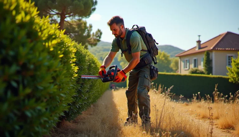 Un professionnel effectue un débroussaillage autour d'une maison à Agde avec une tondeuse électrique