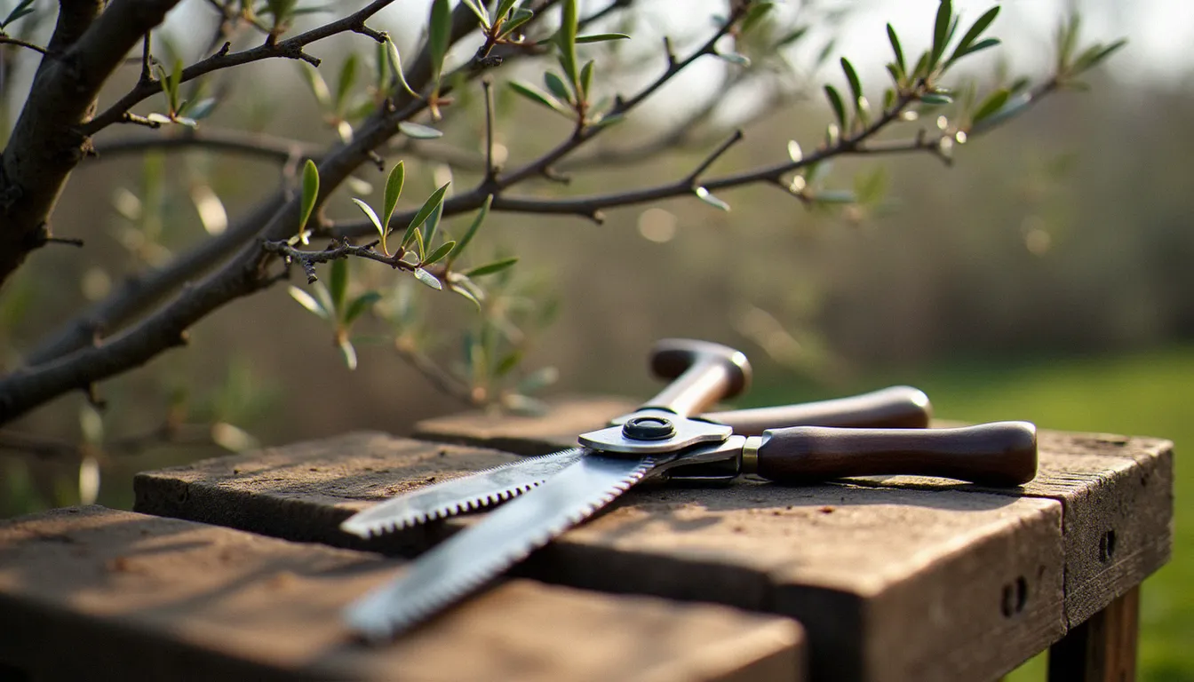 Branches d'olivier et de platane en hiver avec sécateur et scie d'élagage posés sur une caisse en bois, outils pour tailler à la bonne saison