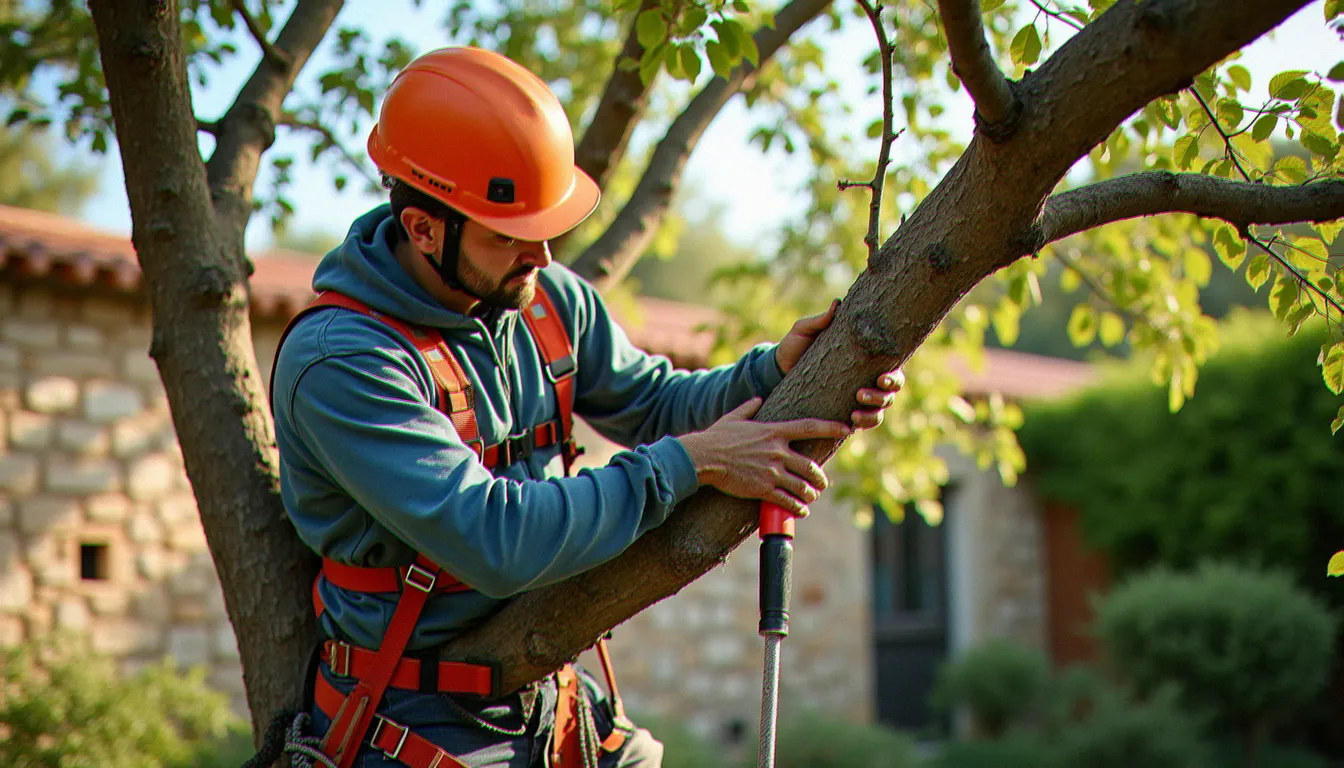 Un élagueur encordé taillant une branche de chêne vert dans un jardin de l'Hérault, illustration de l'elagage 34