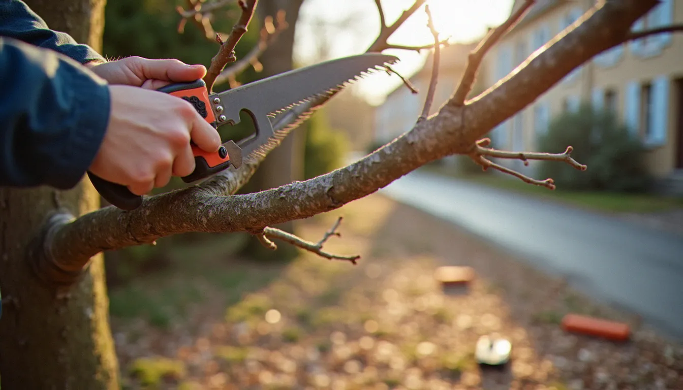 Taille d'un platane en hiver à la scie d'élagage, période adaptée aux arbres au repos végétatif