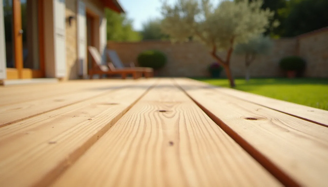Terrasse en lames de douglas sous le soleil du sud de la France, avec un olivier et un mur en pierre