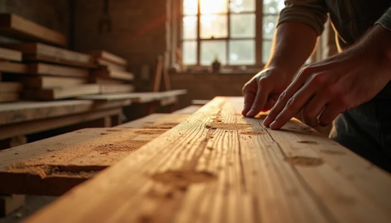 Artisan examinant une planche de bois brut dans un atelier, pour comprendre le terme mauris bois et choisir la bonne essence