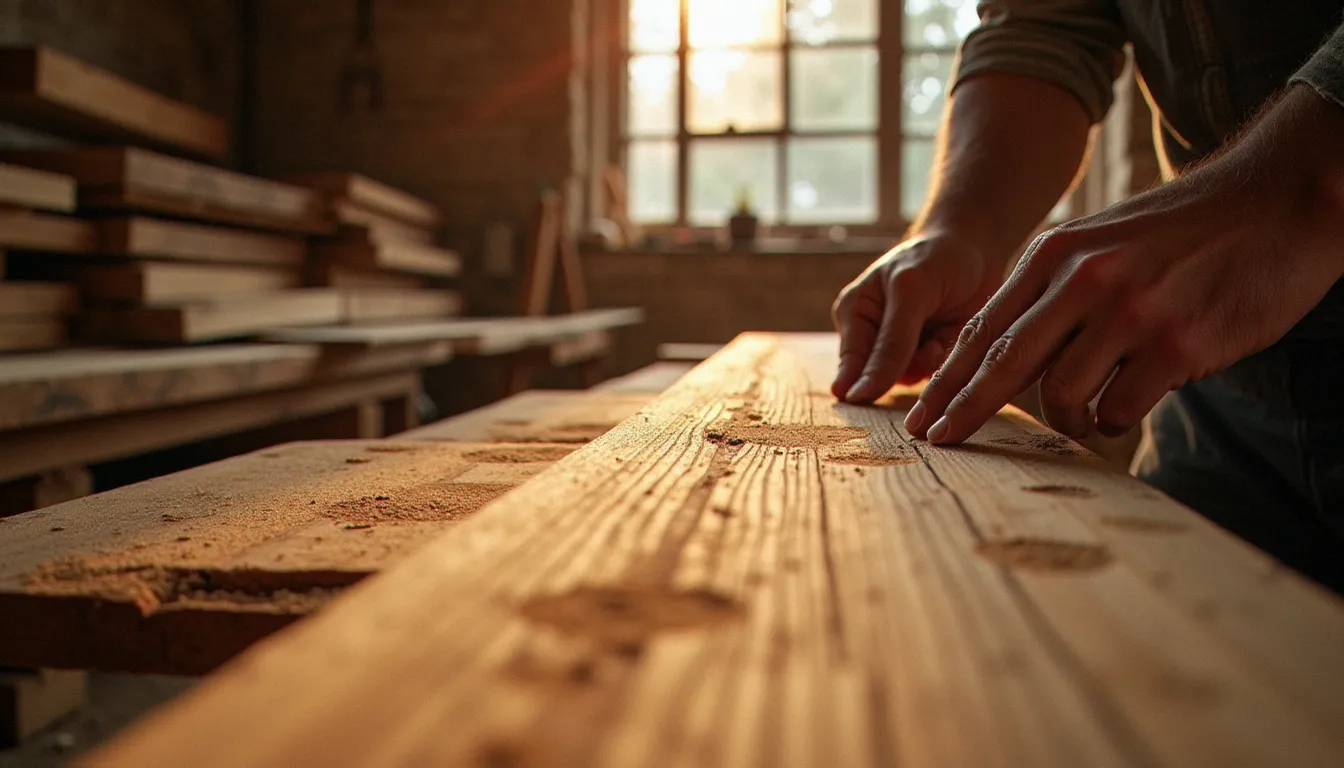 Artisan examinant une planche de bois brut dans un atelier, pour comprendre le terme mauris bois et choisir la bonne essence