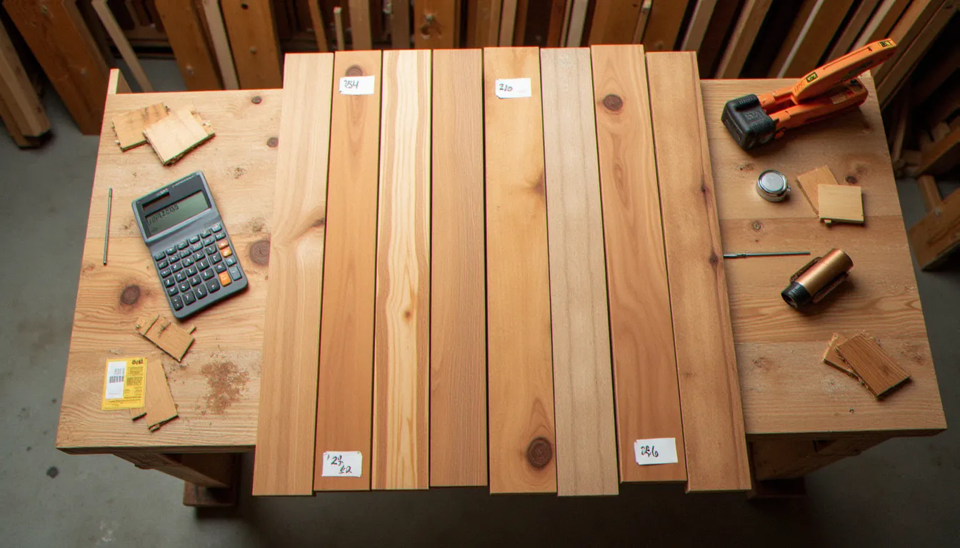planches de bois disposées sur établi avec étiquettes de prix et calculatrice pour estimation de budget