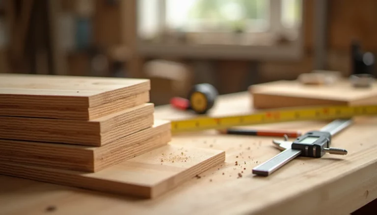 atelier de menuiserie avec planches de pin empilées et outils de mesure pour projet en bois