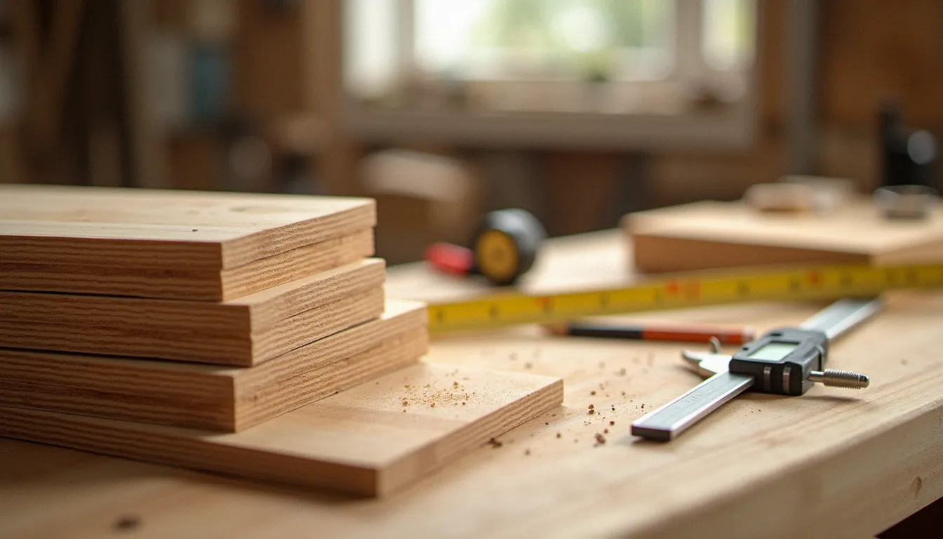 atelier de menuiserie avec planches de pin empilées et outils de mesure pour projet en bois