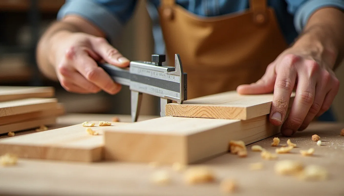 Artisan mesurant l'épaisseur d'une planche de bois brut sur un établi d'atelier