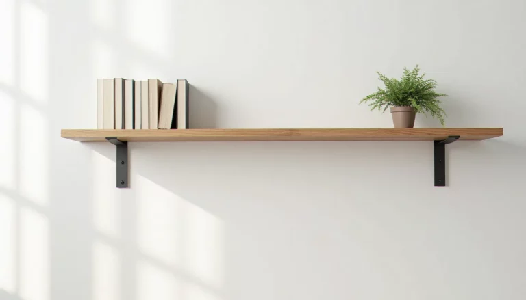 Planche bois etagere en chêne massif fixée au mur d'un salon et chargée de livres