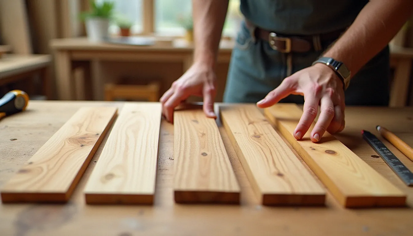 Échantillons de planches de différentes essences posés sur un établi pour comparer le bois avant un projet d'extérieur