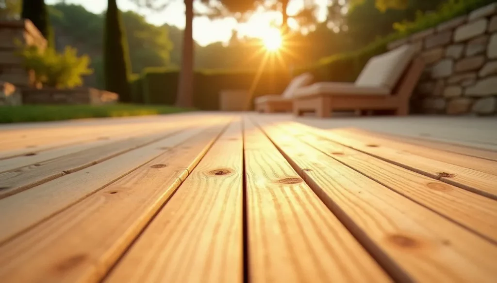 Terrasse de jardin dans le sud de la France avec planche de bois pour exterieur en douglas posée au soleil