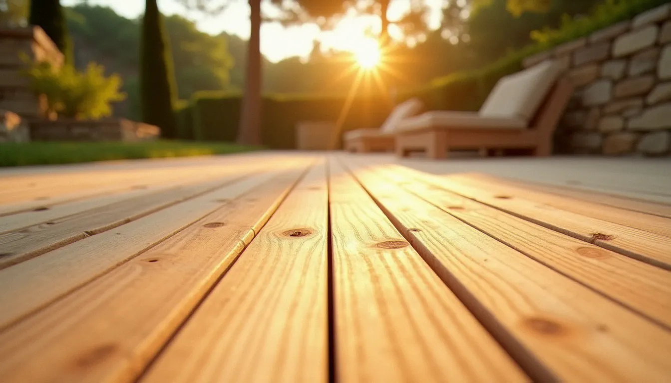Terrasse de jardin dans le sud de la France avec planche de bois pour exterieur en douglas posée au soleil