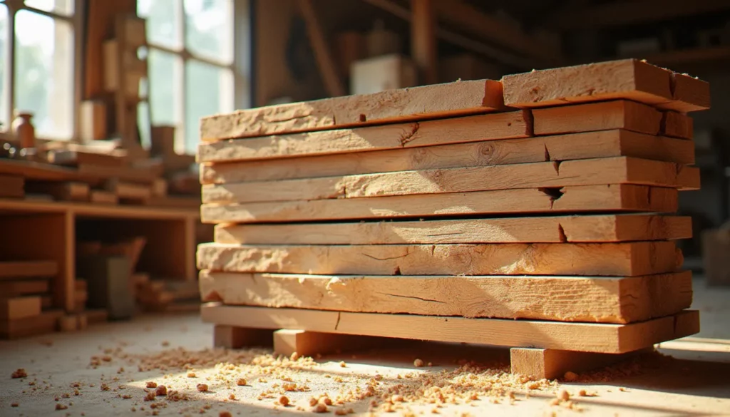 Pile de planches en bois brute de sciage empilées sur des lattes dans un atelier d'artisan bois