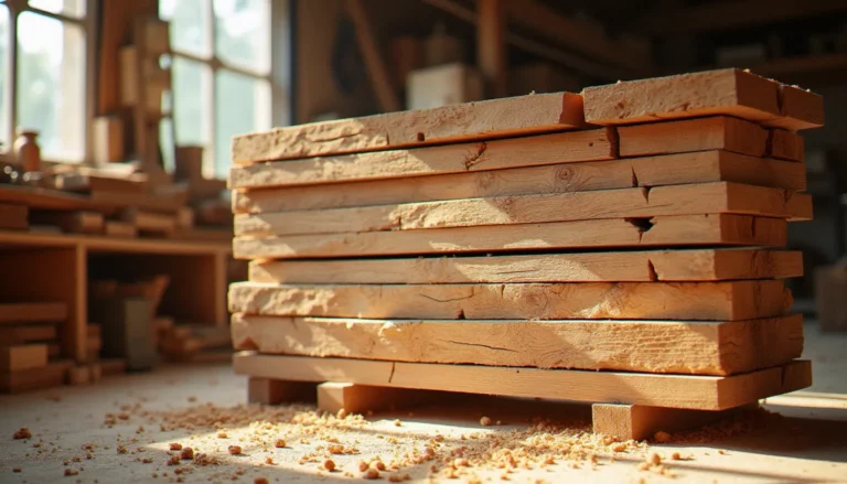 Pile de planches en bois brute de sciage empilées sur des lattes dans un atelier d'artisan bois